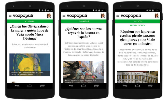 Página de noticias en distintas secciones en versión móvil