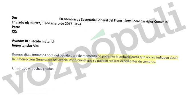 Contestación del Gobierno de Carmena al pedido de material.
