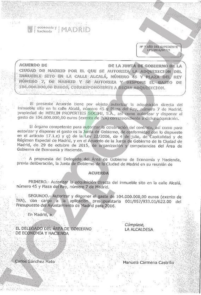 Documento del acuerdo de compra de Alcalá 45.