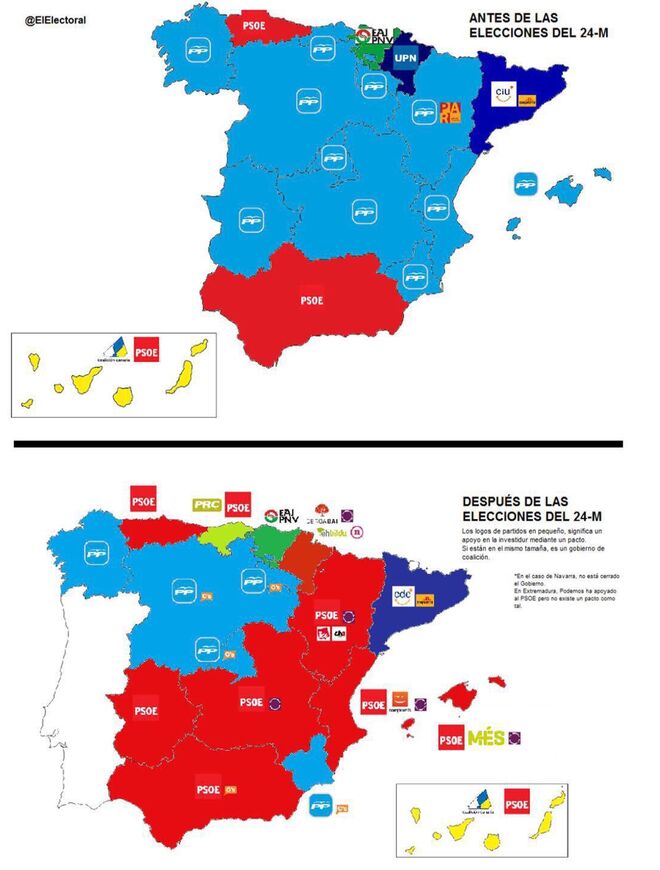 Comparación del mapa de España antes y después del 24-M