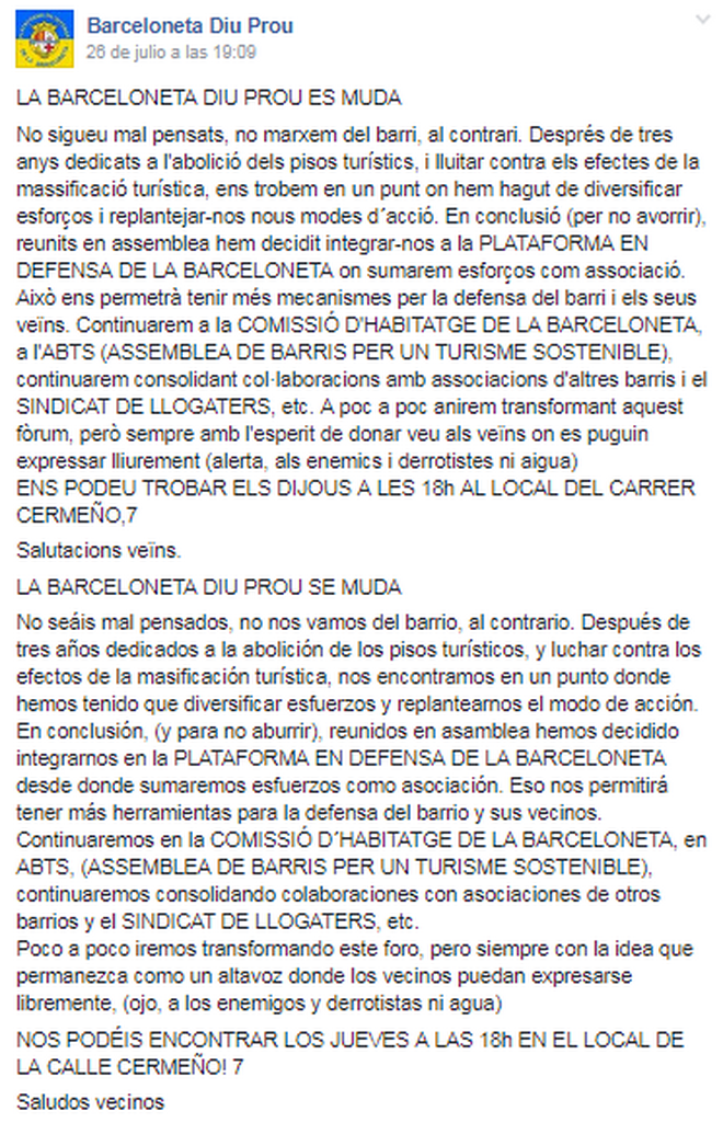 Mensaje de la Plataforma Barceloneta Diu Prou en Facebook