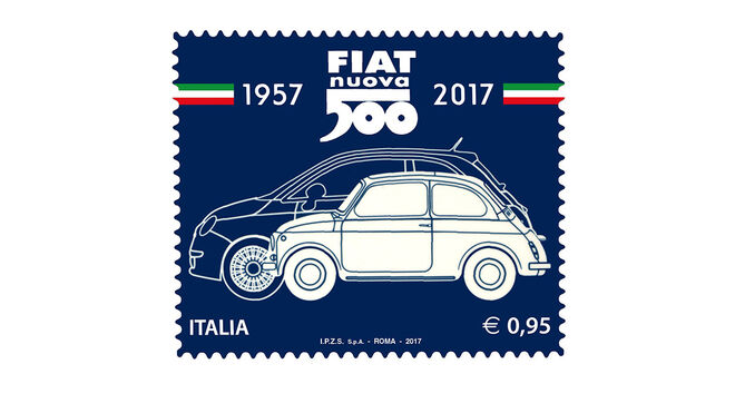 Sello conmemorativo de los 60 años del Fiat 500.