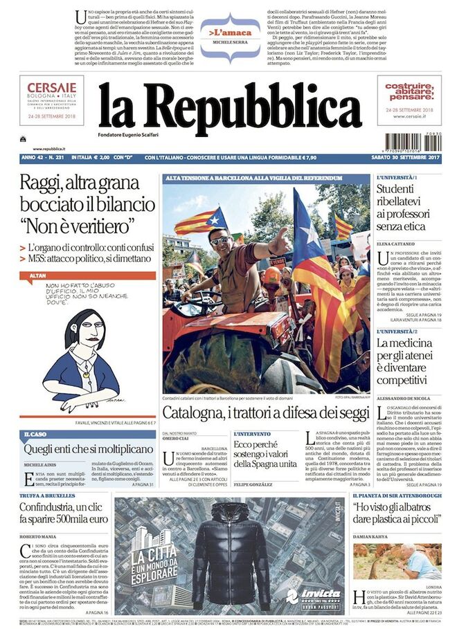 Portada de La Repubblica a 30 de septiembre de 2017