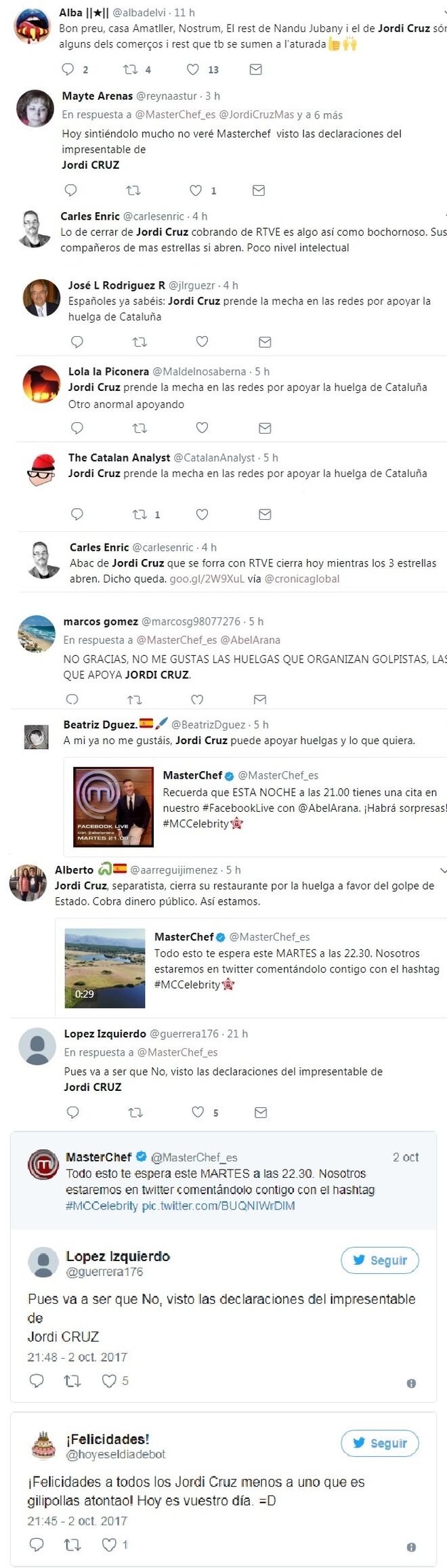 Mensajes criticando la decisión de Jordi Cruz