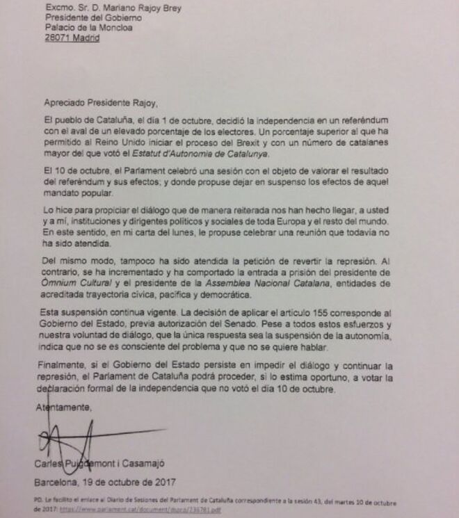 Las segunda carta de Puigdemont