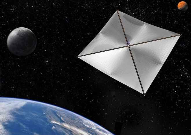 Representación artística de una vela solar de cuatro cuadrantes en el espacio que podría acoplarse a un satélite  geoestacionario para corregir su órbita.