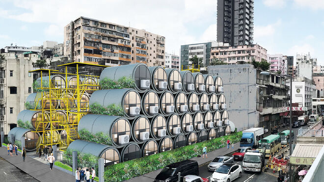 Imagen por ordenador de cómo quedarán las casas de concreto apiladas en una ciudad.