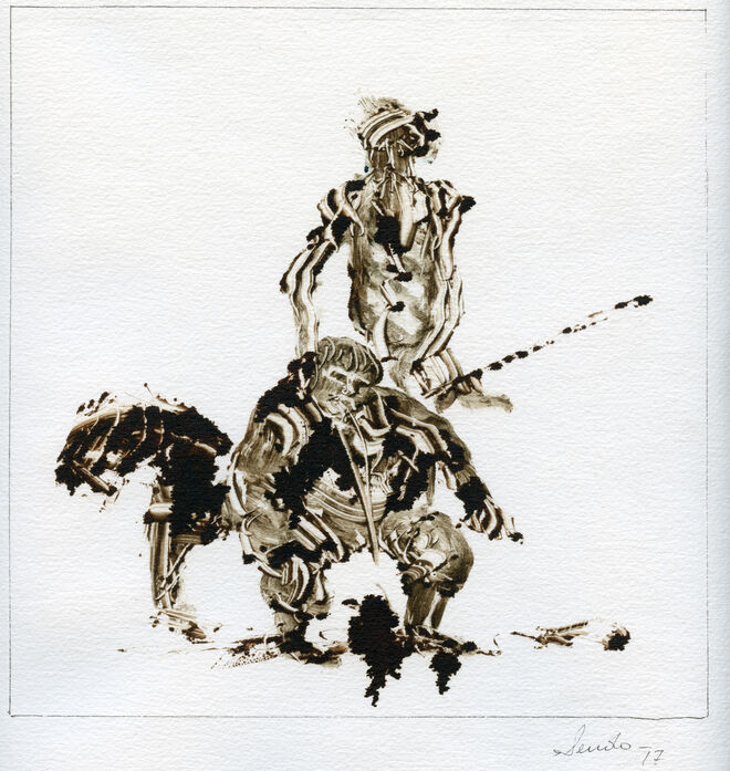 Don Quijote atiende a Sancho, cuando vomita el bálsamo de Fierabrás. Imagen de Sendo.