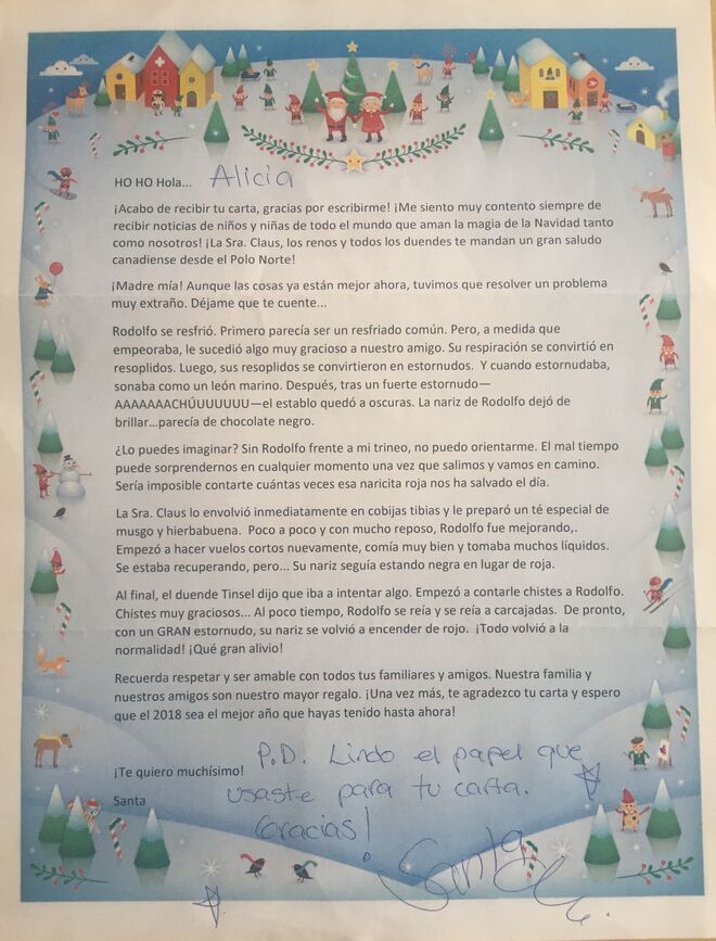 Respuesta de Papá Noel a la carta enviada por la hija del escritor MIguel Sosa.