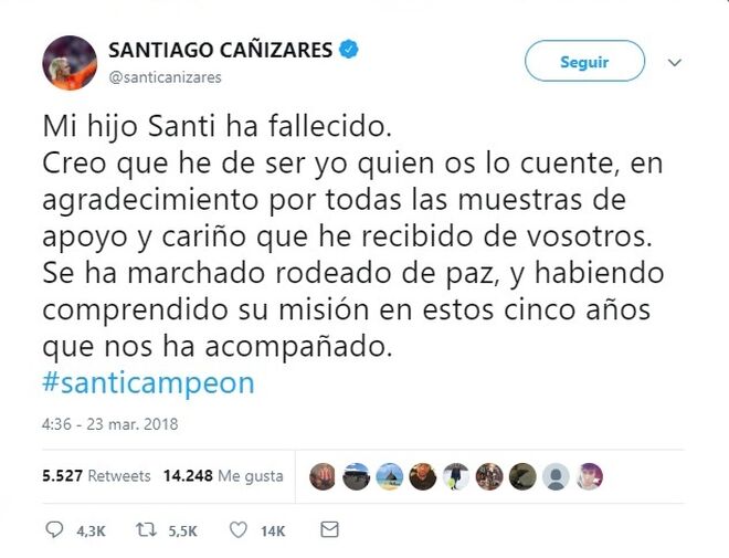 El mensaje con el que Santiago Cañizares ha confirmado la triste noticia.
