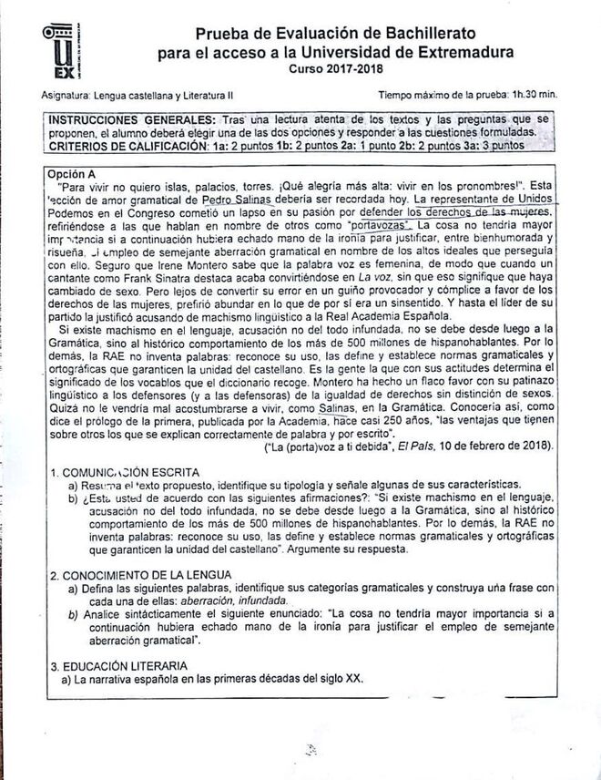 Imagen de la opción A del examen de Lengua para acceder a la Universidad de Extremadura