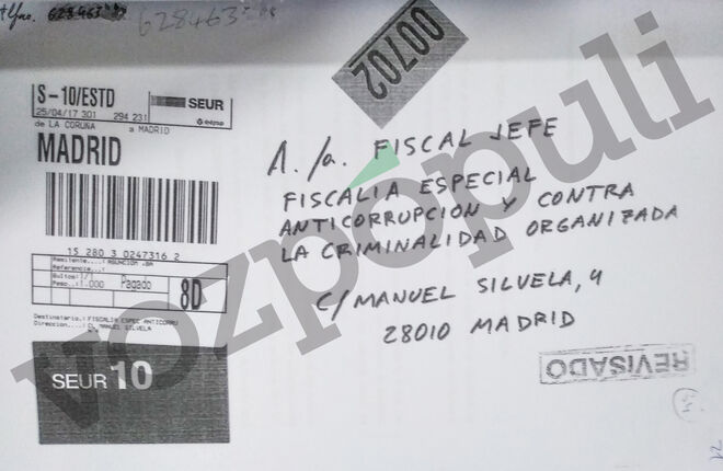 Imagen del sobre remitido a la Fiscalía con la documentación sobre Villarejo