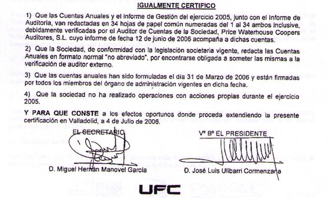 La firma de Manovel García junto a la de Ulibarri en las cuentas de UFC
