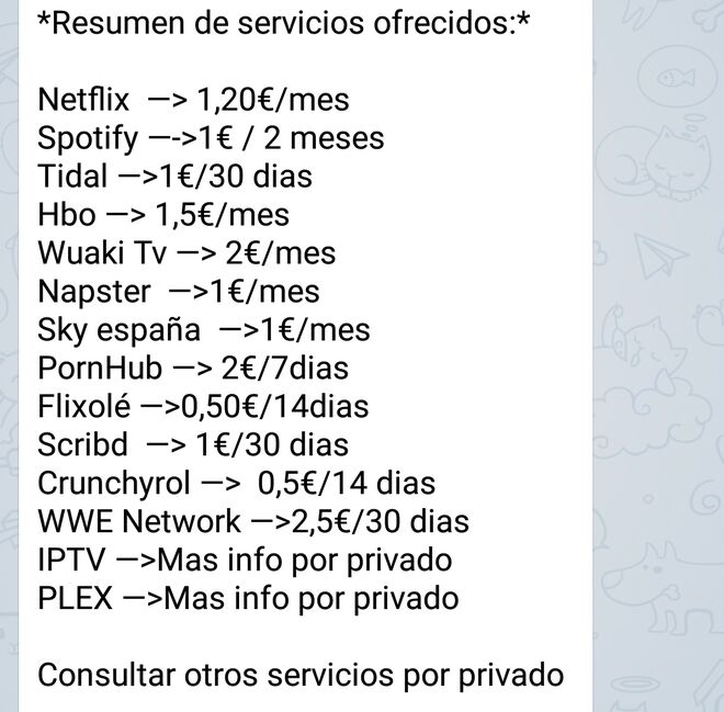 Pantallazo de un grupo de Telegram en el que se ofrecen cuentas de Netflix y Spotify a bajo precio