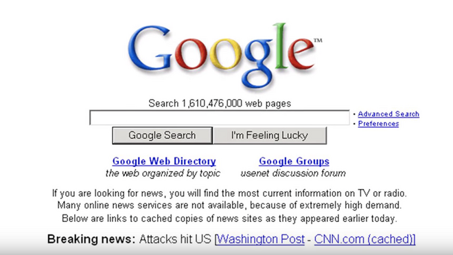 Pantallazo de la web de Google en 2001 durante el 11S