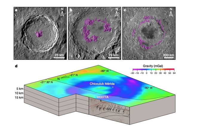 Estructuras de impacto típicas en la Luna comparadas con el mapa gravitatorio de Chicxulub