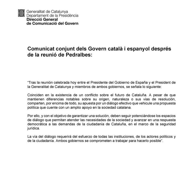 Comunicado conjunto del Gobierno y la Generalitat tras la reunión dePedralbes