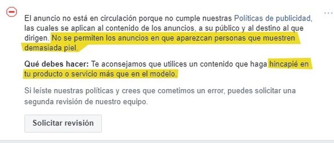 Pantallazo en el que Facebook informa al usuario del bloqueo del anuncio con la imagen de la Capilla Sixtina
