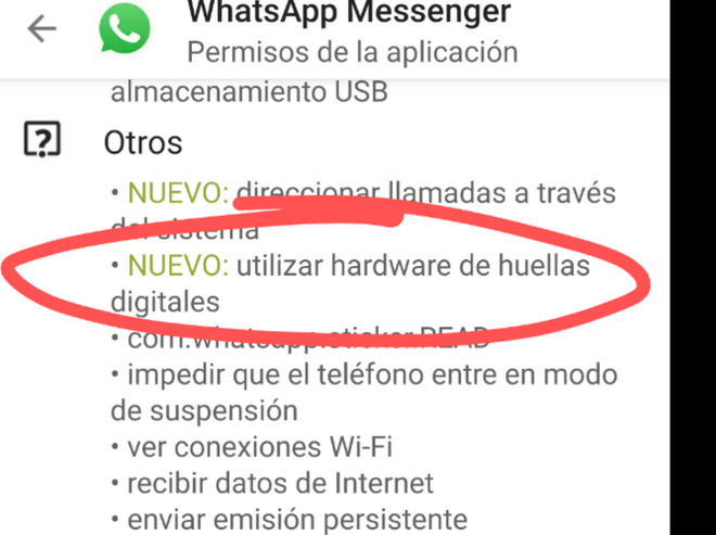 Pantallazo con parte de los permisos que pide la nueva actualización de WhatsApp