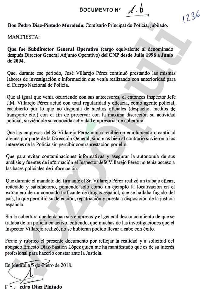 La carta en la que Díaz-Pintado le dice al juez que Villarejo nunca tuvo acceso a a bases de datos policiales