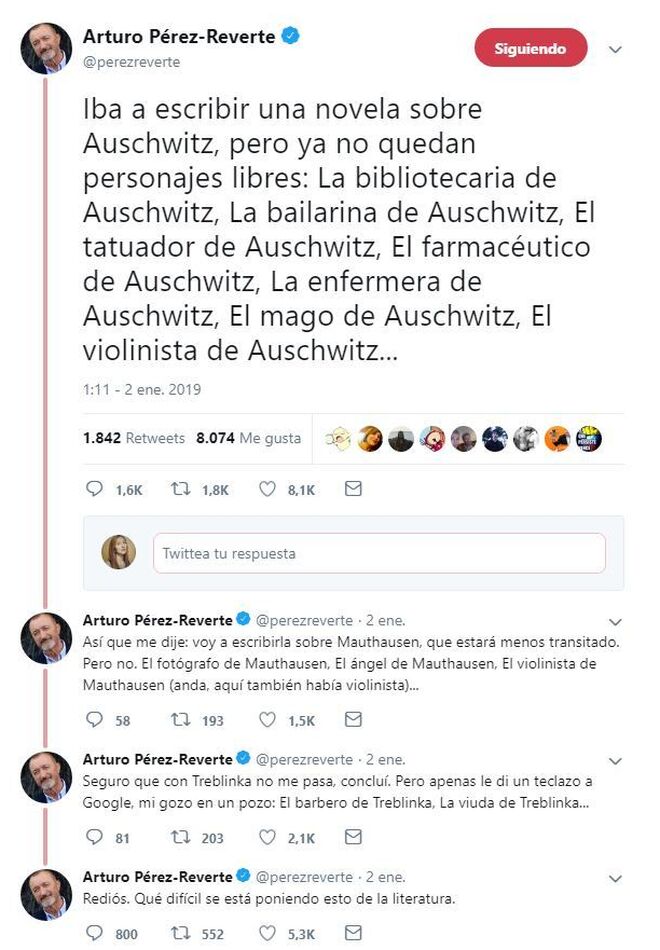 Los tuits de Pérez-Reverte sobre la literatura del Holocausto