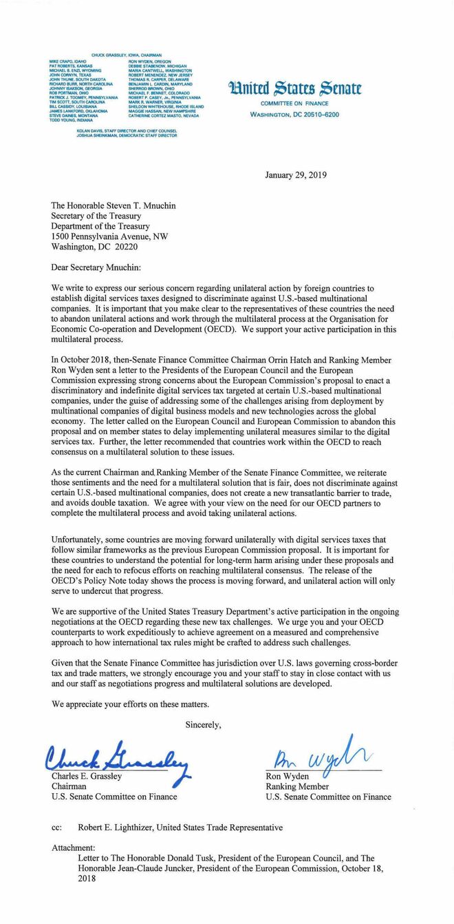 Carta de los senadores Chuck Grassley y Ron Wyden al secretario del Tesoro, Steven Mnuchin