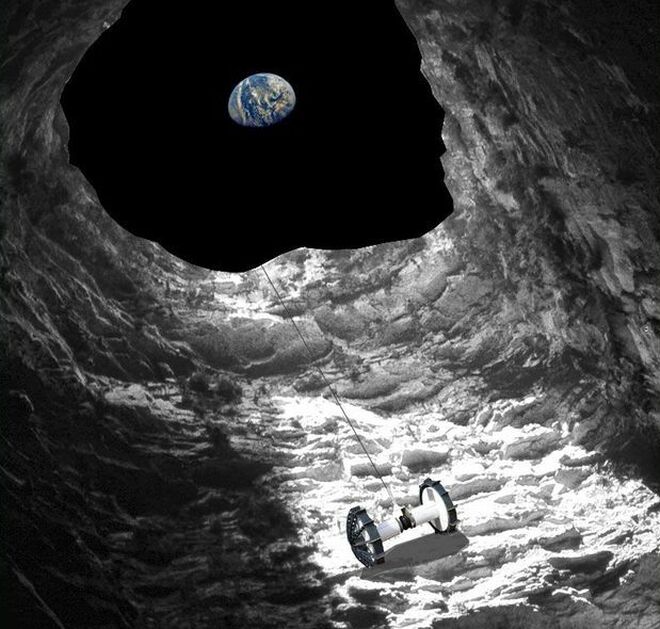 Recreación artística del módulo Axel descendiendo por una de las cuevas lunares