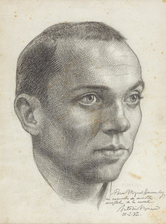 Retrato de Miguel Hernández, enero de 1940 hecho por Antonio Buero-Vallejo (Carboncillo sobre papel) BNE