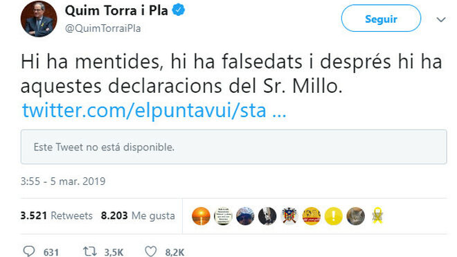 Torra publica un tuit contra Millo basado en una mentira