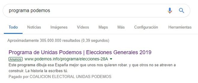 Resultado de la búsqueda del programa electoral de Podemos en Google