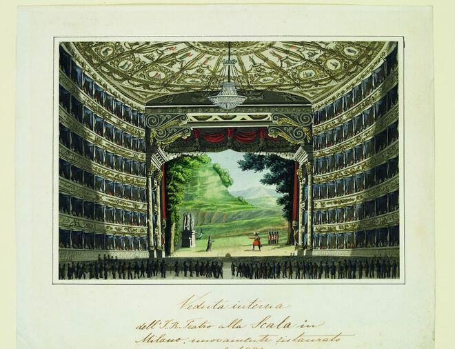 Una ilustración del interior de la Scala de Milan.