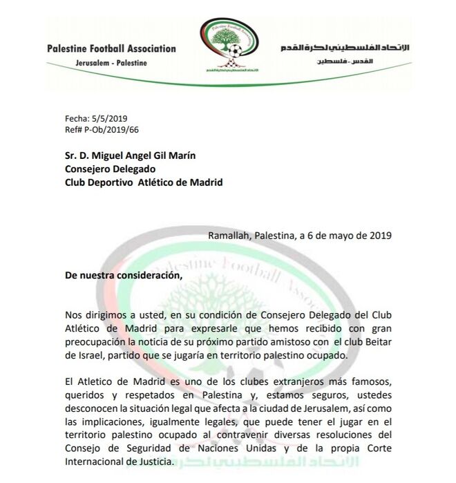 Extracto de la carta remitida al consejero delegado del Club Atlético de Madrid