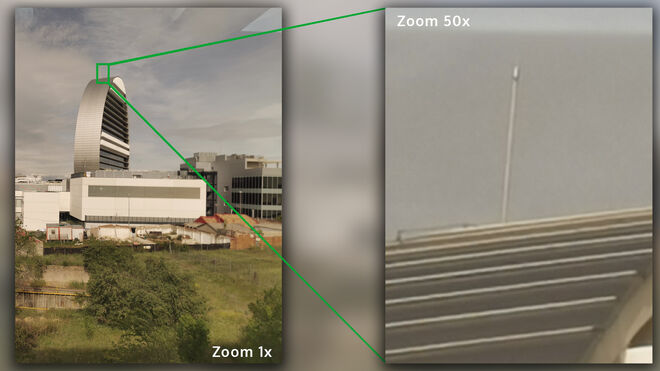 A la izquierda, foto normal. A la derecha, imagen captada a una distancia de 343 metros del objetivo con el zoom 50x del Huawei P30 Pro