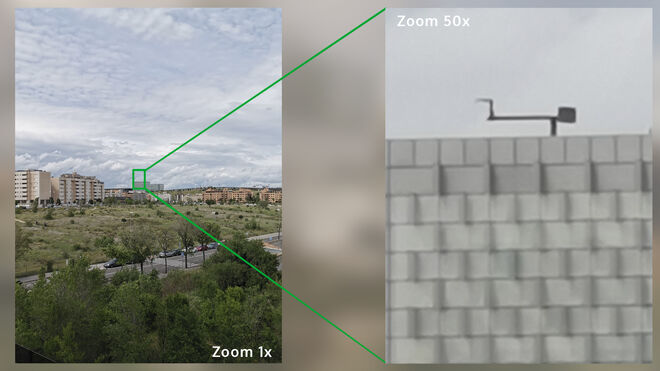 A la izquierda, foto normal. A la derecha, imagen captada a 1,27Km de distancia con el zoom 50x del Huawei P30 Pro