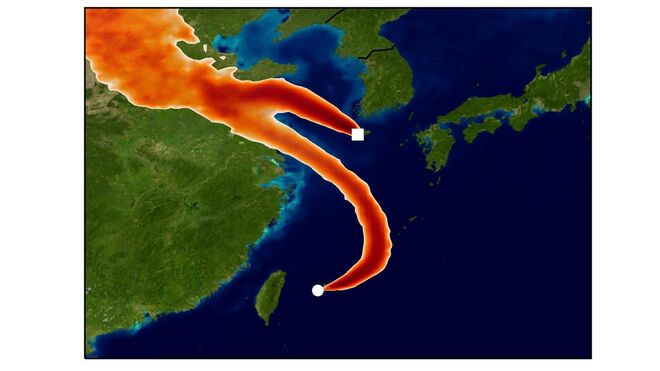 Simulación de cómo llegan las emisiones de CFC de China hasta los dos observatorios de Corea y japón
