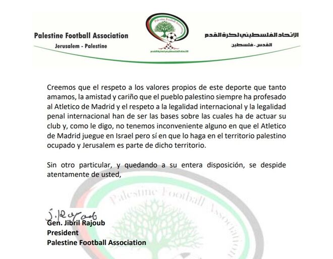 La carta la firma el presidente de la Federación Palestina de Fútbol