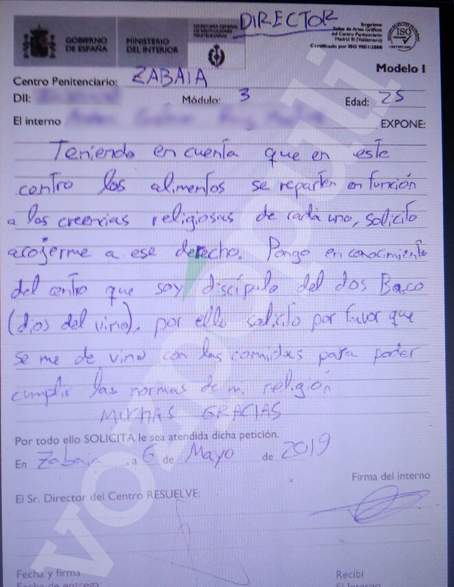 La carta remitida por el preso al director de la cárcel de Zaballa
