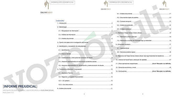 Portada e índice del documento elaborado por la empresa de Villarejo