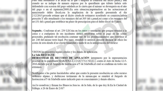 Sentencia de la Audiencia de Málaga que confirma el archivo de la querella contra Zotano