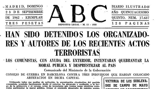 Portada del ABC de 1962 donde se informa del ataque en la Basílica del Valle