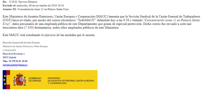 E-mail de respuesta de Exteriores a la sección sindical de UGT.