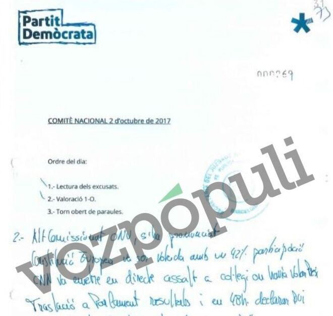 Manuscrito intervenido por la Policía Judicial sobre el comité del PDeCat tras el 1-O.