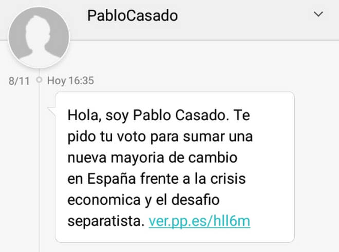Mensaje de texto del PP pidiendo el voto para Pablo Casado.