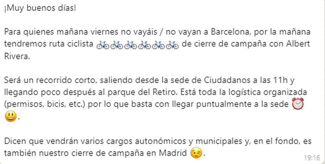 Mensaje enviado a los militantes de Cs Madrid para una ruta ciclista que no se llevó a cabo.