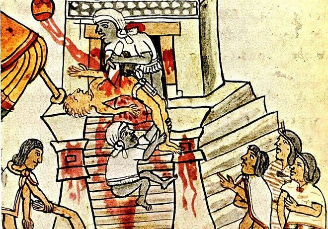 Escenas de sacrificios humanos y banquete caníbal, obra indígena mexica del siglo XVI (Códice Magliabechiano,  Biblioteca Nazionale de Florencia)