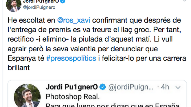 El tuit original, abajo, y la rectificación de Puigneró.