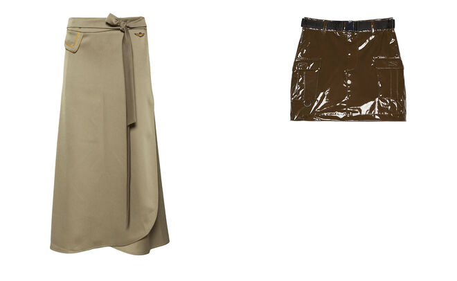 AERONAUTICA MILITARE Falda larga caki PVP: 221€ // BERSHKA Minifalda charol PVP: 19.99€