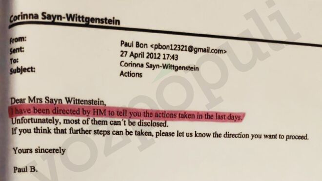 Captura de uno de los correos aportados por Corinna Larsen ante notario en Londres.