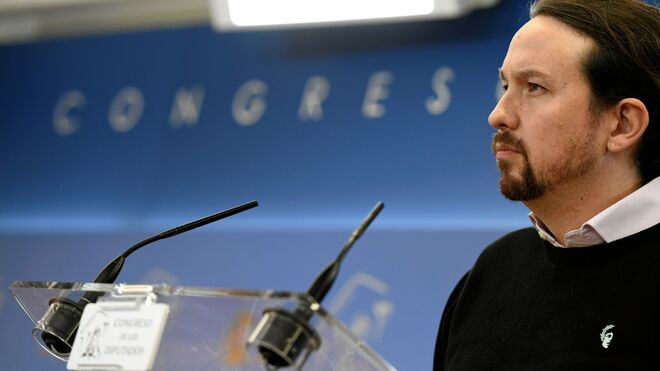 Pablo Iglesias, durante la rueda de prensa que ha ofrecido en el Congreso tras la audiencia con el rey Felipe VI.
