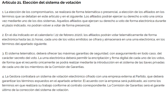 Parte del reglamento de Cs en el que se aborda el voto telemático.